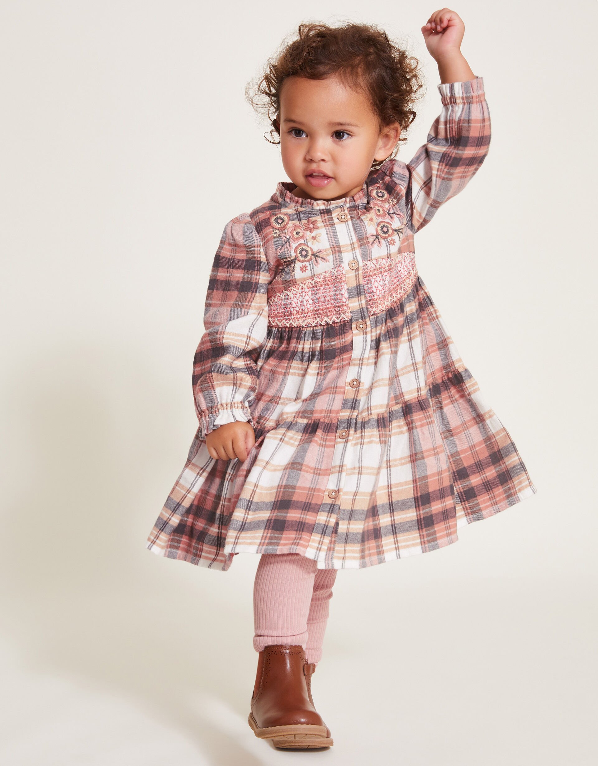 Baby Long Sleeve Check Dress and Leggings Set Pink