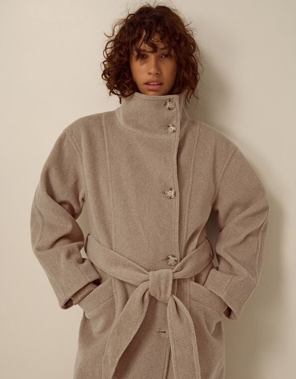 Millie Funnel Neck Belted Coat, Mink (MINK), large