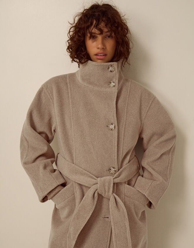 Millie Funnel Neck Belted Coat, Mink (MINK), large