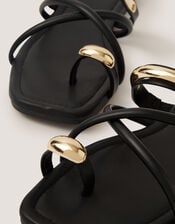Metal Detail Toe Strap Sandals, Black (BLACK), large
