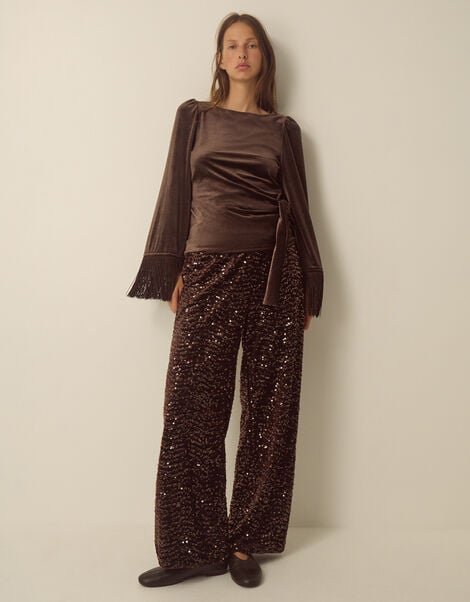 Samie Sequin Velvet Wide Leg Trousers, Brown (CHOCOLATE), large