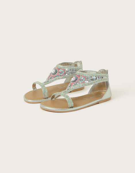 Floral Embellished Beaded Sandals, Silver (SILVER), large