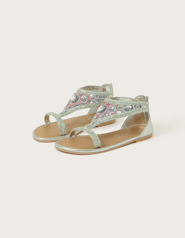 Floral Embellished Beaded Sandals, Silver (SILVER), large