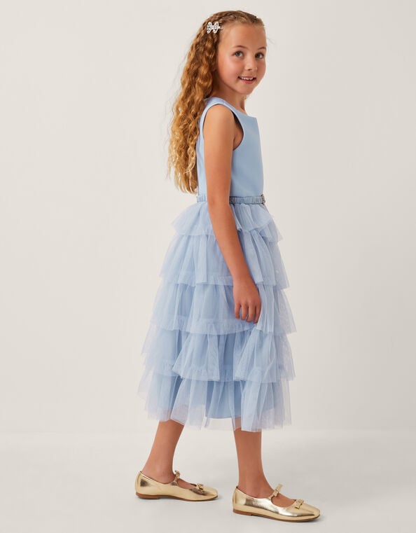 Sleeveless Belted Tulle Tier Dress, Blue (BLUE), large