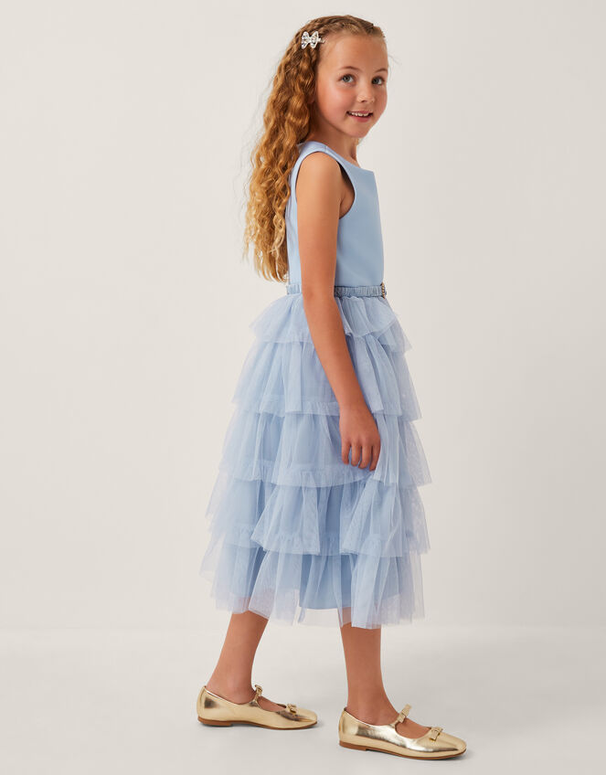 Sleeveless Belted Tulle Tier Dress, Blue (BLUE), large