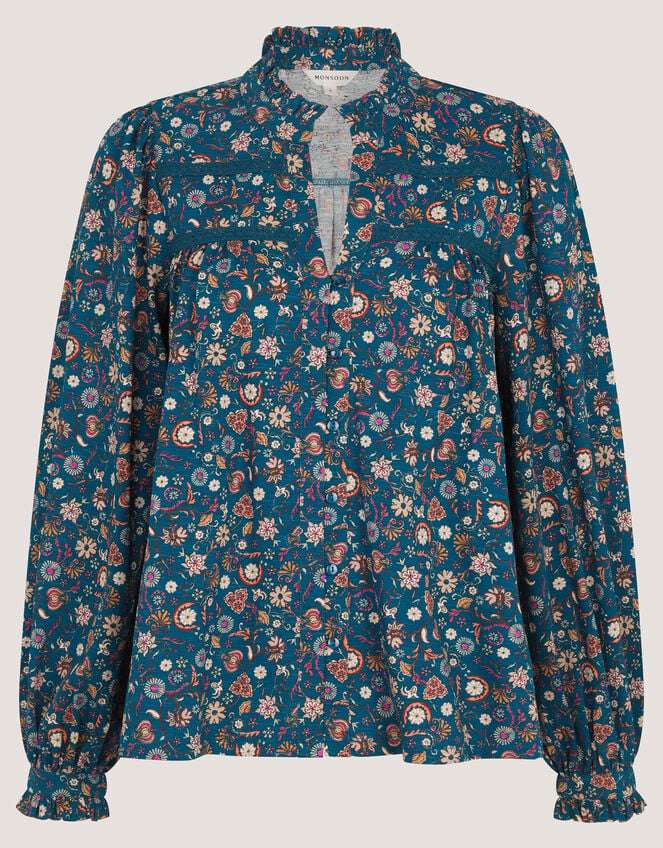 Francine Floral Jersey Blouse, Teal (TEAL), large