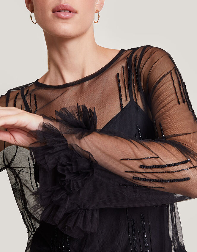 Carmen Sheer Sequin Corsage Top, Black (BLACK), large