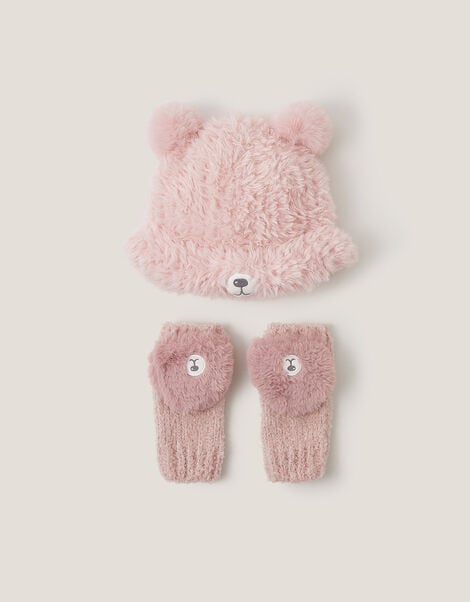 Fluffy Teddy Hat & Mitten Set, Pink (PINK), large