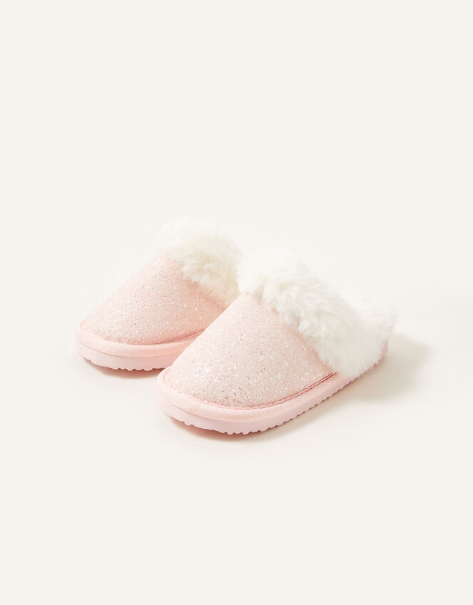Glitter Faux Fur Slippers, Pink (PALE PINK), large