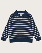 Stripe Knit Polo Jumper, Blue (NAVY), large