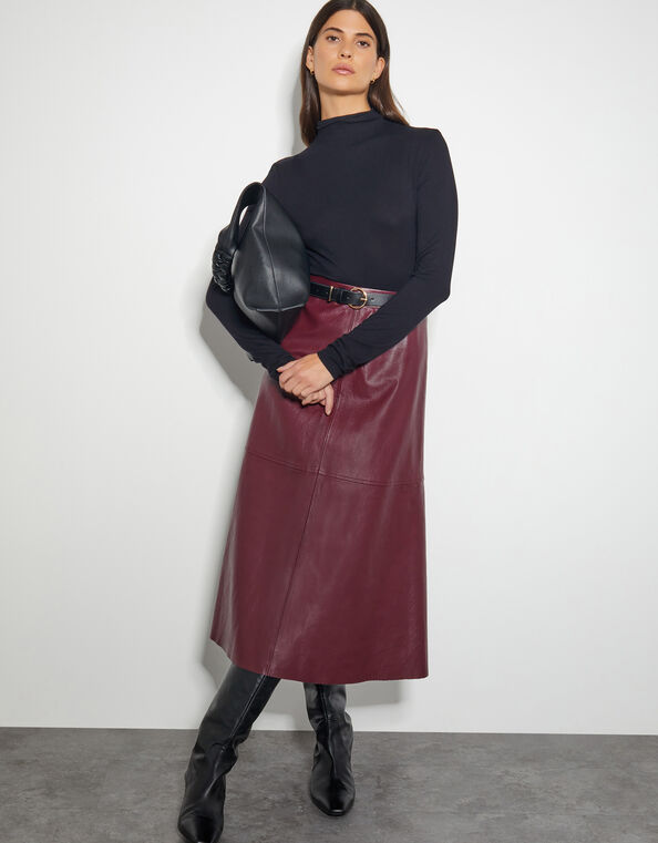 Pippa Faux Leather Midi Skirt, Red (BURGUNDY), large