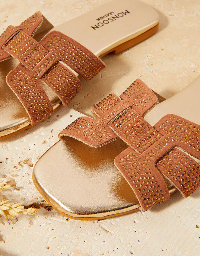 Embellished Heat-Seal Suede Flat Sandals, Gold (GOLD), large