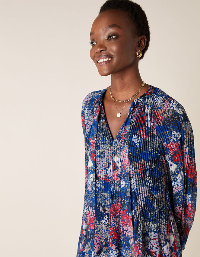 Floral Pleated Short Dress, Blue (NAVY), large