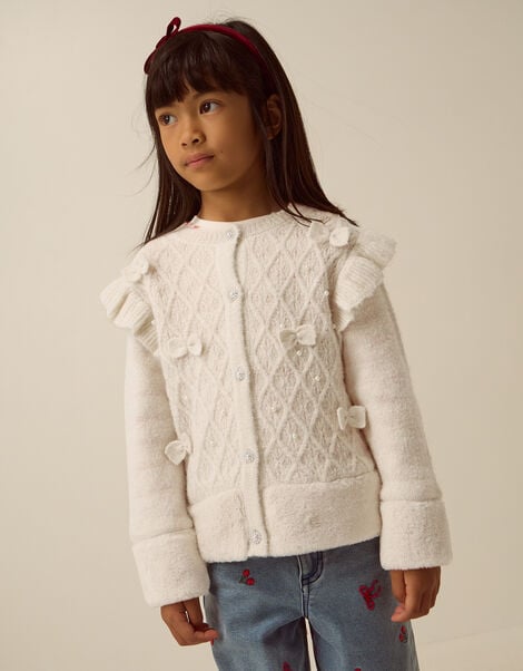 Baby Bow Faux Fur Trim Cardigan, Ivory (IVORY), large