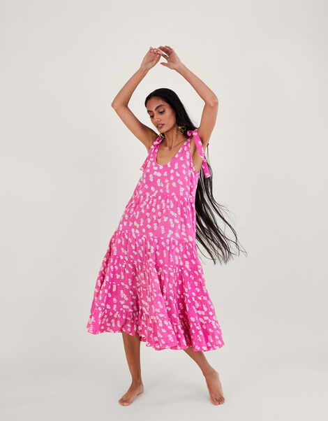 Batik Print Tiered Midi Dress Pink, Pink (PINK), large