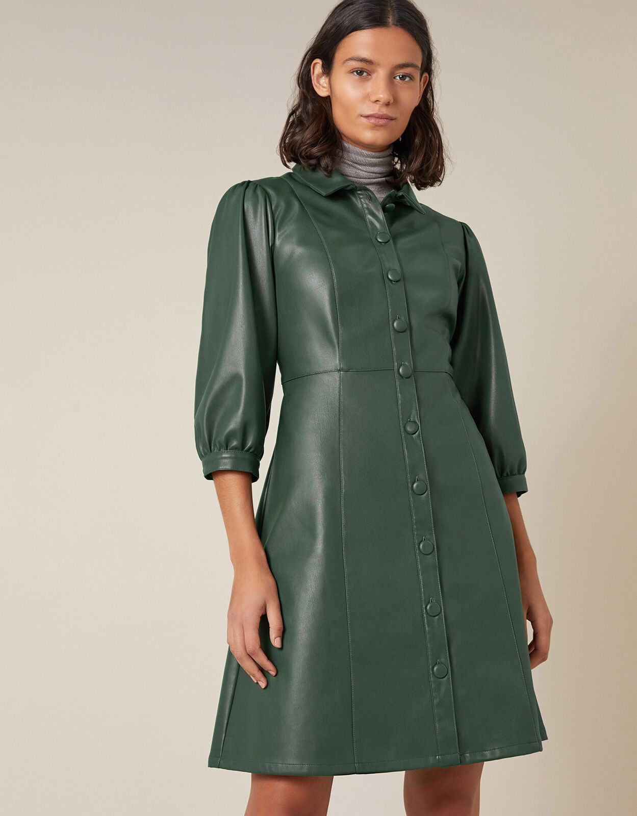Leather-Look Puff Sleeve Dress Green