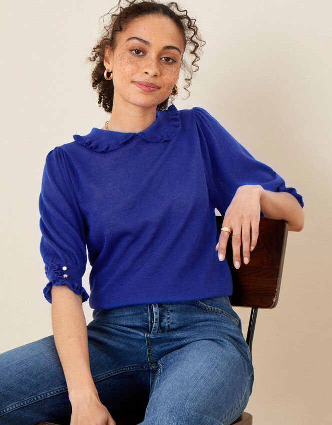 Ruffle Collar Jumper in Linen Blend, Blue (BLUE), large