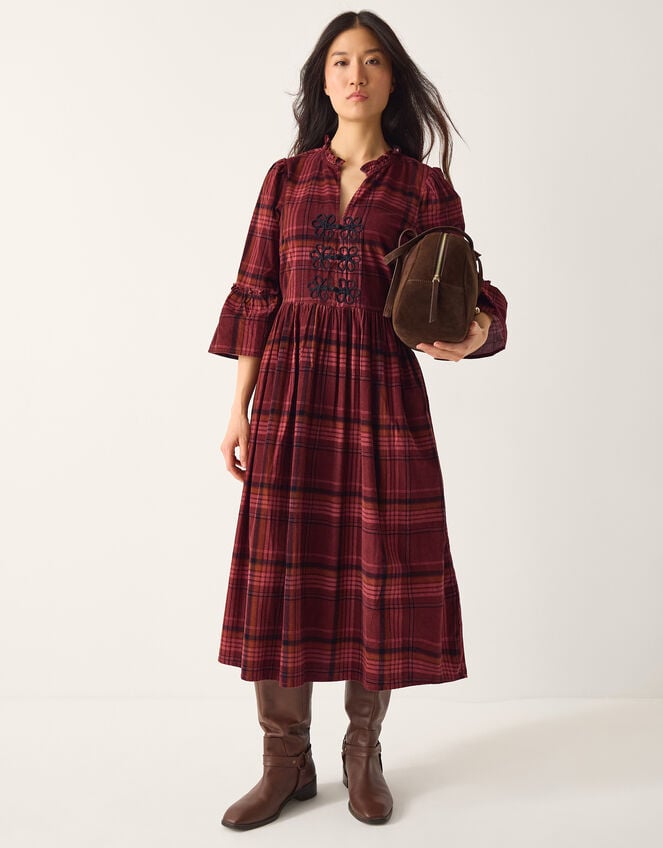Charly Check Corduroy Midi Dress, Red (BURGUNDY), large