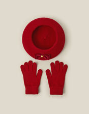 Velvet Bow Beret & Gloves Set, Red (RED), large