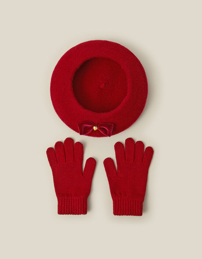 Velvet Bow Beret & Gloves Set, Red (RED), large