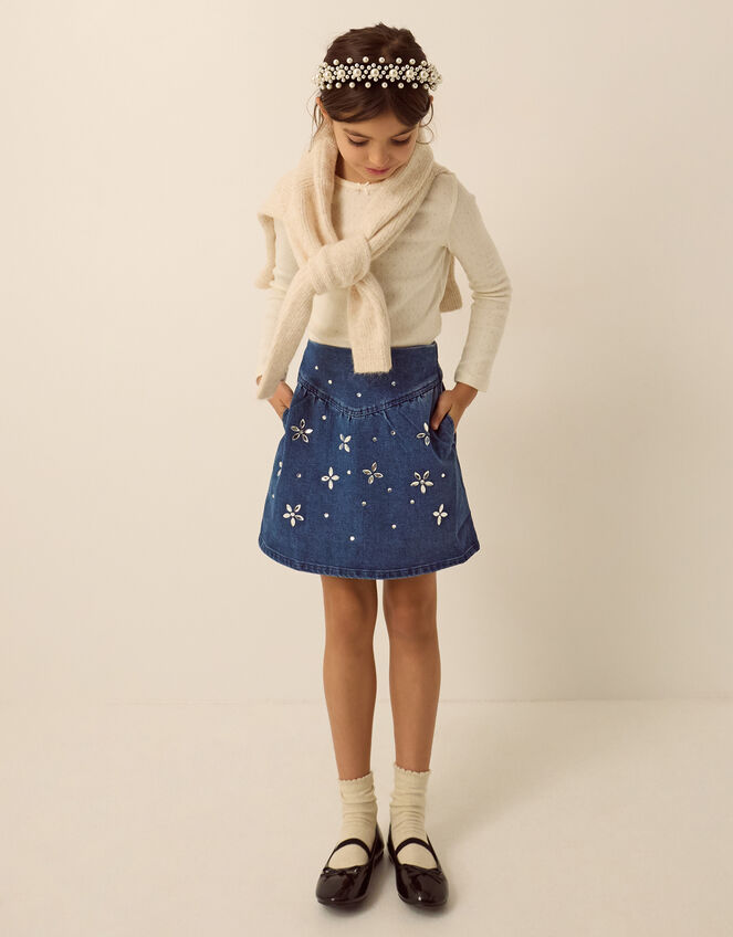 Jewel Flower Denim Skirt, Blue (BLUE), large