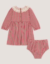 Baby Embroidered Gingham Dress & Knickers Set, Red (BURGUNDY), large