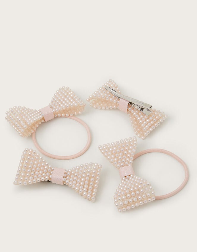 4-Pack Pearl Beaded Bow Hair Set, Pink (PINK), large