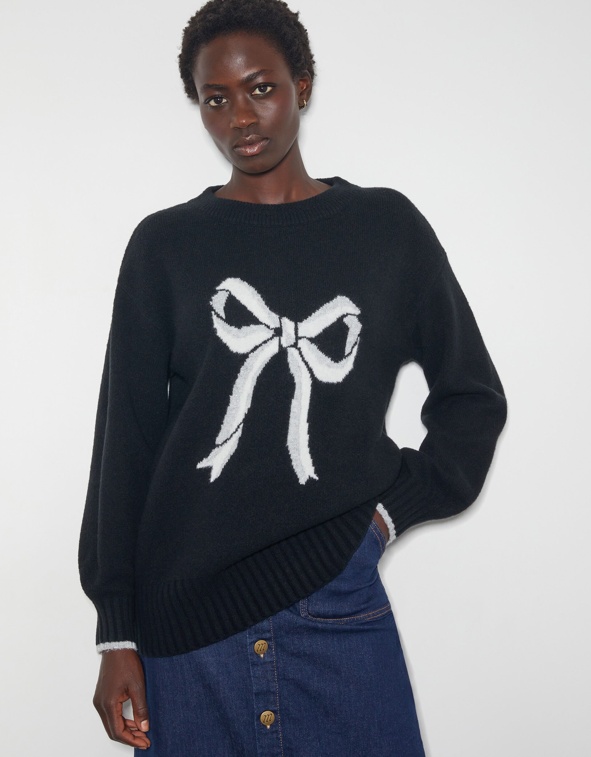 Lou Intarsia Bow Sweater Black Sweaters Monsoon US