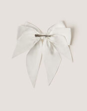 Long Tiered Satin Bow Hair Clip, Ivory (IVORY), large