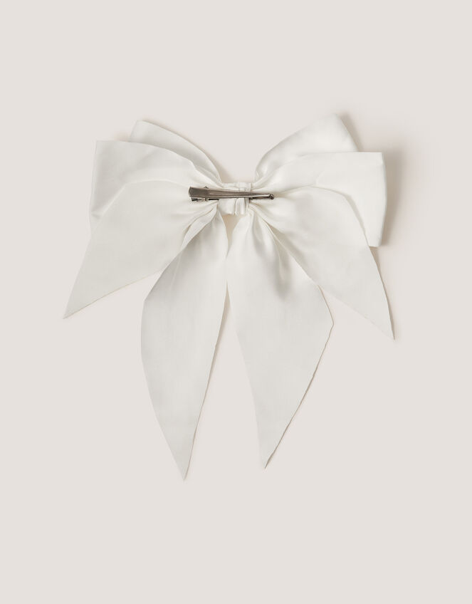 Long Tiered Satin Bow Hair Clip, Ivory (IVORY), large