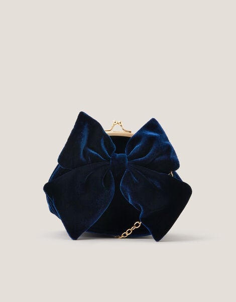 Velvet Bow Clip Frame Bag, Blue (NAVY), large
