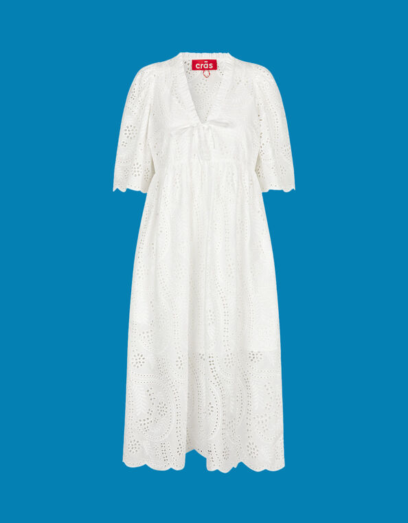 Crās Short Sleeve Broderie Dress, White (WHITE), large