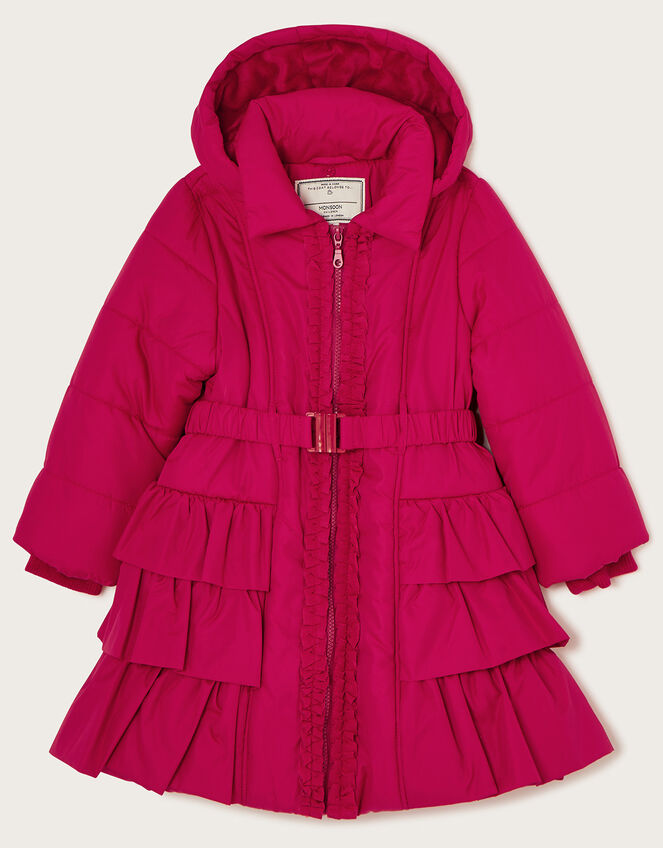 Tiered Belted Padded Coat, Red (RED), large