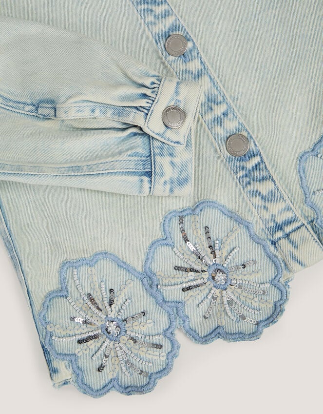 Flower Sequin Denim Jacket, Blue (BLUE), large