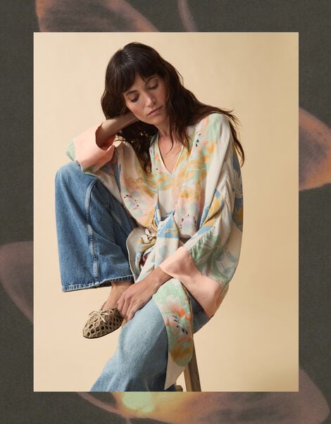 Clemence Amelie Tie Front Floral Top, Cream (CREAM), large