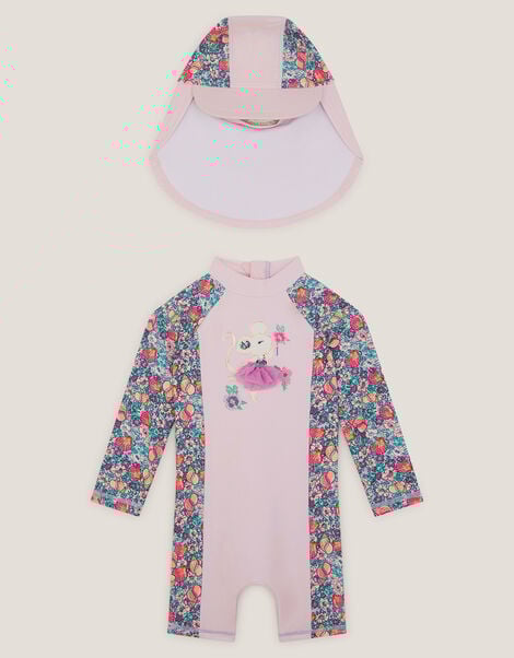 Baby Shell Print UPF50+ Swimsuit & Sun Hat Set, Pink (PINK), large