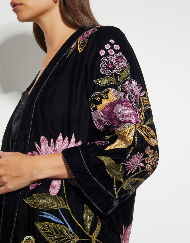Freya Velvet Embroidered Kimono, Black (BLACK), large