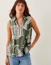Pamela Linen Blend Sleeveless Leaf Print Top, Green (GREEN), large