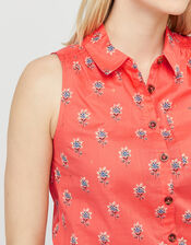 Clover Floral Sleeveless Shirt in Organic Cotton, Orange (CORAL), large