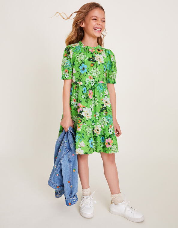 Puff Sleeve Floral Dress, Green (GREEN), large