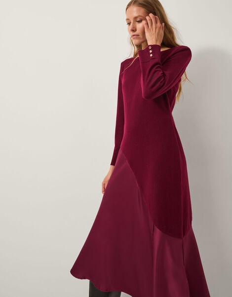 Saz Asymmetrical Mix Satin Midi Dress, Red (BERRY), large