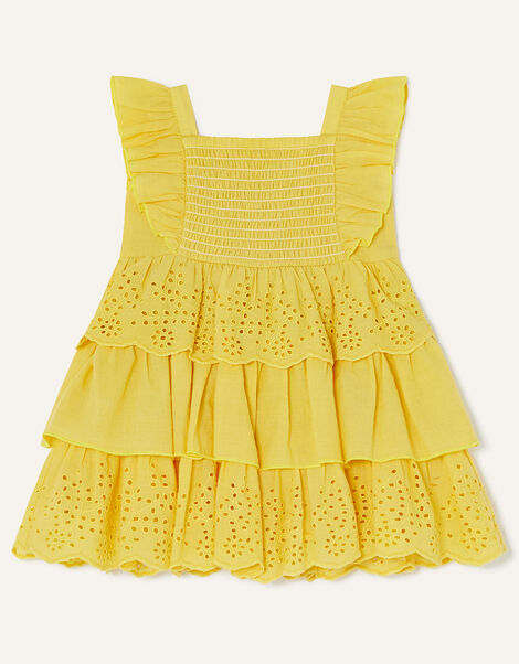 Baby Shirred Schiffli Dress in Sustainable Cotton Yellow, Yellow (YELLOW), large