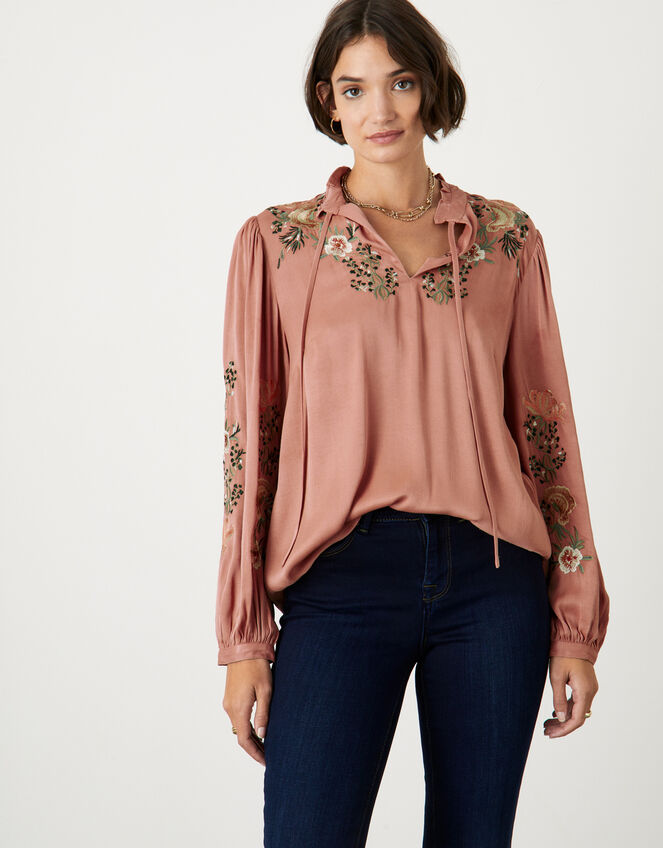 Embroidered Oriental Floral Long Back Top, Orange (CORAL), large