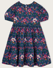 Pansy Print Short Sleeve Jersey Dress, Blue (NAVY), large