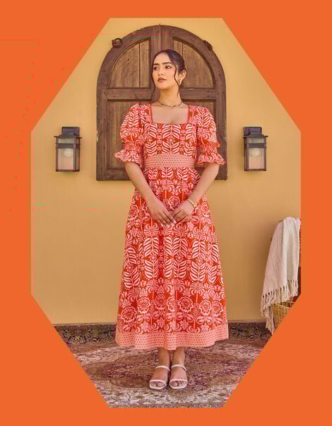 India & Mills Katie Tropic Midi Dress, Red (RED), large