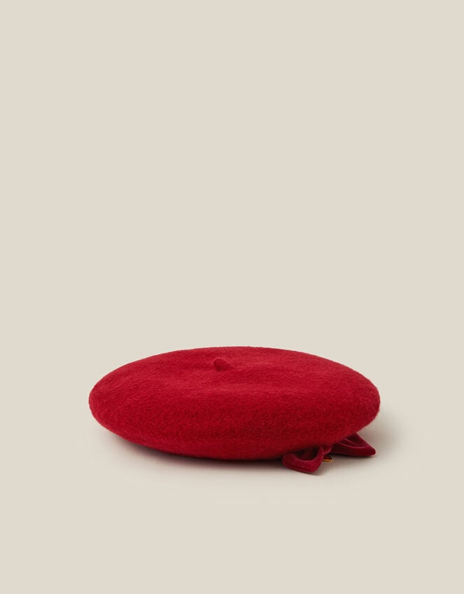 Velvet Bow Wool Beret, Red (RED), large