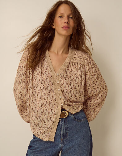 Clementine Lace Print Top, Ivory (IVORY), large