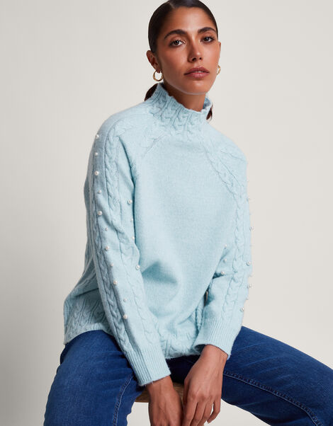 Pearl Cable Knit Jumper, Blue (BLUE), large