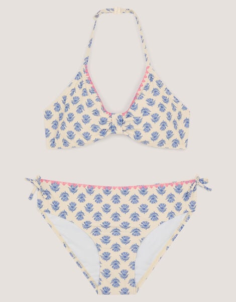 Floral Print Halter Bikini Set, White (WHITE), large