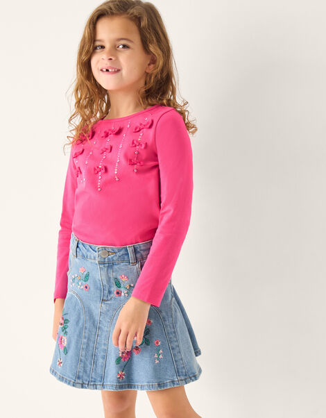 Floral Embroidered Denim Mini Skirt, Blue (BLUE), large